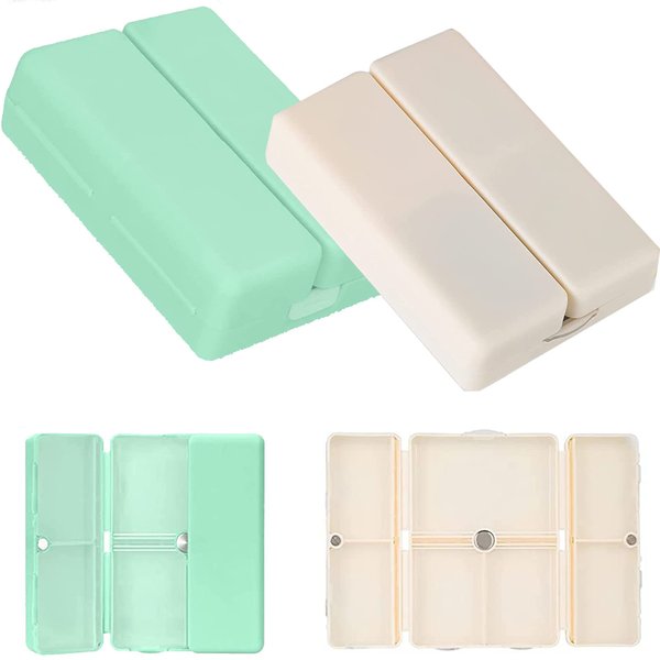 Magnetic Foldable Pill Organizer,7 Compartments Portable Pill Case,Travel Pill Organizer,Weekly Pill Organizer,Small Pill Box,Pill Container for Purse Pocket to Hold Medicine Vitamin 2PCS(Beige+Green)
