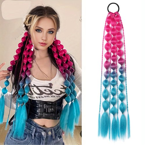 HAIRWAY Colored Hair Extensions 26"1pcs Bubble Ponytail Extension for Girls with Hair Tie,Colored Bubble Ponytail Extension for Christmas Festival Holiday Party(Dark Pink To Blue)