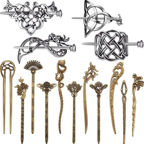 4 Pieces Retro Silver Celtic Hair Slide Hairpins and 11 Pieces Vintage Bronze Hair Sticks Hair Chopstick Vintage Hair Sticks Celtic Knot Viking Jewelry Hair Slide Pin Hair Accessories for Women Girls