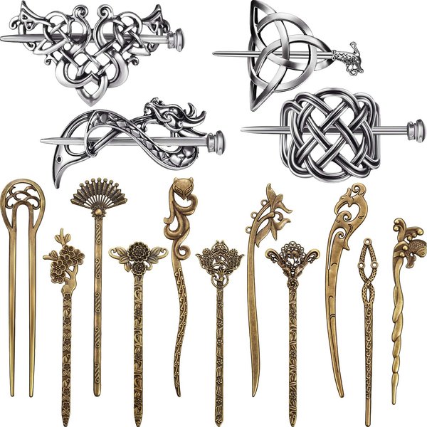 4 Pieces Retro Silver Celtic Hair Slide Hairpins and 11 Pieces Vintage Bronze Hair Sticks Hair Chopstick Vintage Hair Sticks Celtic Knot Viking Jewelry Hair Slide Pin Hair Accessories for Women Girls
