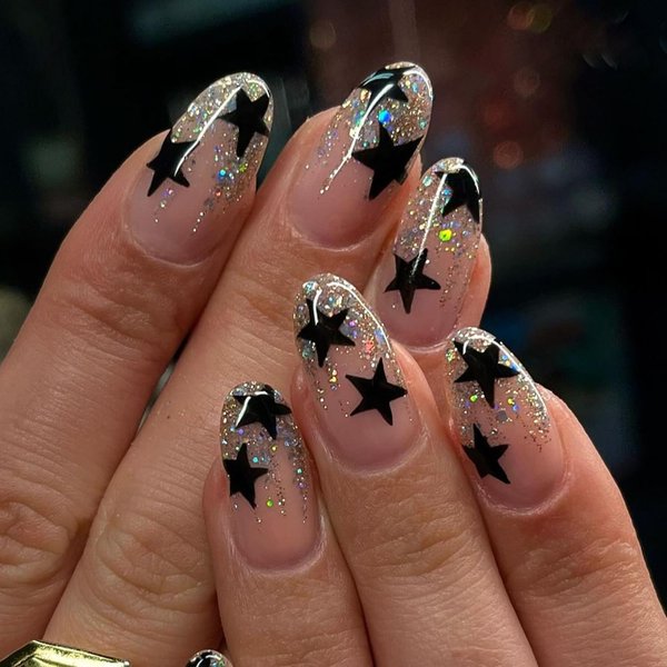 Vopintpy Black Star Press on Nails Long Oval Fake Acrylic Nails Silver Glitter Design Glue on Nails Reusable Mirror Stick on Nails for Women DIY Manicure Decoration
