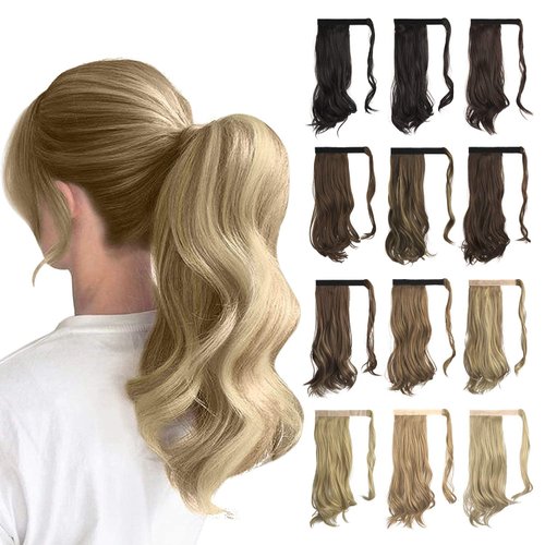 Sofeiyan Curly Ponytail Extension 15 Inch Heat Resistant Synthetic Natural Wavy Hairpiece Wrap Around Pony Tail Hair Extensions for White Black Women Hair Piece, Light Ash Brown & Bleach Blonde
