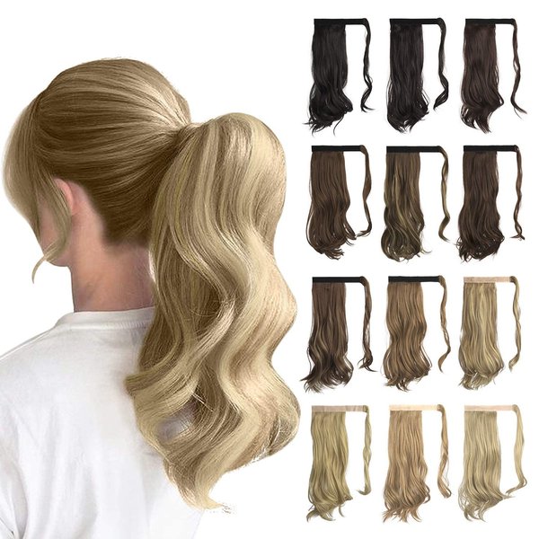 Sofeiyan Curly Ponytail Extension 15 Inch Heat Resistant Synthetic Natural Wavy Hairpiece Wrap Around Pony Tail Hair Extensions for White Black Women Hair Piece, Light Ash Brown & Bleach Blonde