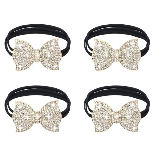 YISSION 4Pcs Sparkly Rhinestone Bow Hair Ties Ponytail Holder Elastics Scrunchies Fancy Crystal Hair Ties for Thin Thick Hair Rhinestone Hair Accessories for Women Girls