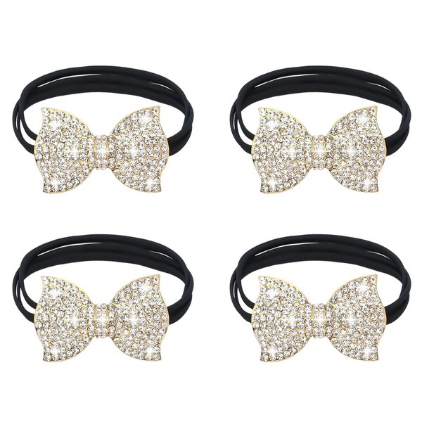 YISSION 4Pcs Sparkly Rhinestone Bow Hair Ties Ponytail Holder Elastics Scrunchies Fancy Crystal Hair Ties for Thin Thick Hair Rhinestone Hair Accessories for Women Girls