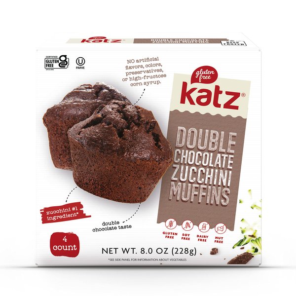 Katz Gluten Free Double Chocolate Zucchini Muffins. A Rich Chocolate Muffin With Melty Chocolate Chip And Fresh Zucchini, Dairy Free, Soy Free, Tree Nut & Peanut Free. Kosher Snacks. 4 Individually Wrapped Muffins. 8 Oz (1 Pack)