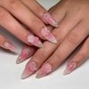 RikView Medium Press on Nails Pink Fake Nails with 3D Flowers and Butterflies Design Almond Nails Glossy Nails 24 PCs/Set