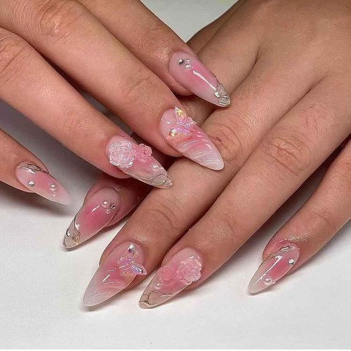 RikView Medium Press on Nails Pink Fake Nails with 3D Flowers and Butterflies Design Almond Nails Glossy Nails 24 PCs/Set