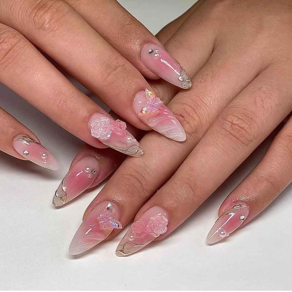 RikView Medium Press on Nails Pink Fake Nails with 3D Flowers and Butterflies Design Almond Nails Glossy Nails 24 PCs/Set