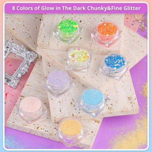 Holographic Chunky Glitter Glow in The Dark Glitter 8 Colors with Glue Set 2, Body Glitter Glow Glitter for Women Face Body Nail Hair Makeup at The Concert/Festival/Rave Party