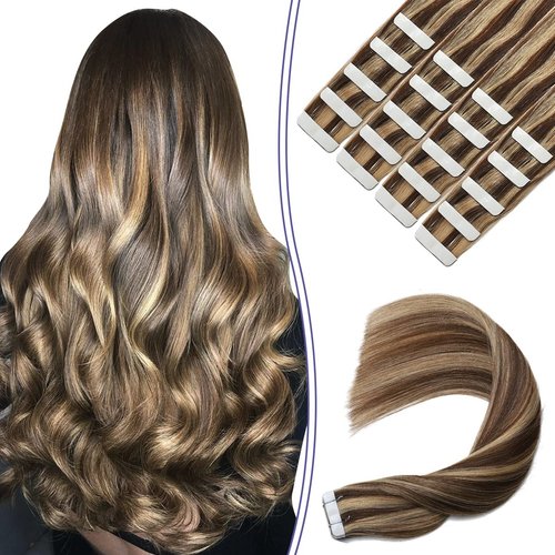 Sindra Tape in Hair Extensions Human Hair Chocolate Brown with Caramel Blonde Hair Extensions Tape in Real Human Hair Tape Ins Extensions 18Inch 20Pieces 50Gram(tape#4p27 18inch)
