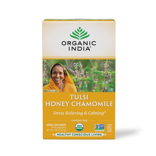 Organic India Tulsi Honey Chamomile Herbal Tea - Stress Relieving & Calming, Immune Support, Adaptogen, Vegan, Gluten-Free, USDA Certified Organic, Caffeine-Free - 18 Infusion Bags, 1 Pack