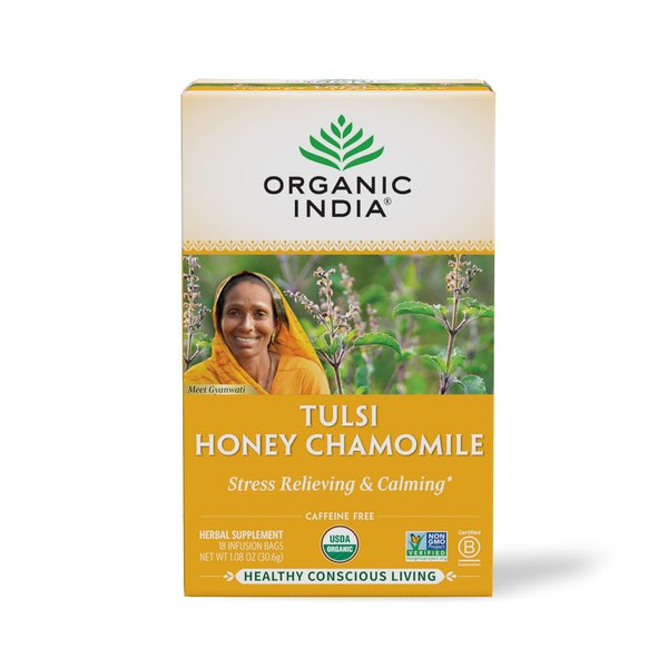 Organic India Tulsi Honey Chamomile Herbal Tea - Stress Relieving & Calming, Immune Support, Adaptogen, Vegan, Gluten-Free, USDA Certified Organic, Caffeine-Free - 18 Infusion Bags, 1 Pack