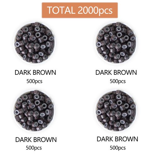 2000Pcs Premium Silicone Micro Link Rings 5mm Lined Beads for I Tip Hair Extensions (2000Pcs, Dark Brown)