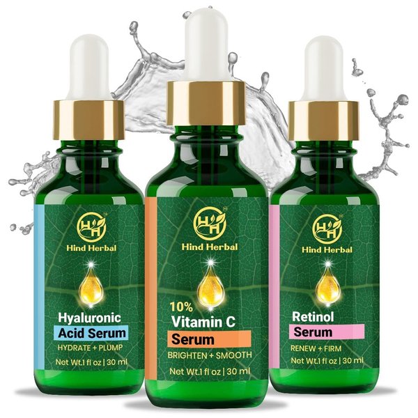 Hind Herbal Vitamin C Hyaluronic Acid Retinol Serum Set of 3 (1 Fl Oz each) Brightening, Face Firming, Hydrating Skincare Routine Kit - Anti Wrinkle, Dark Circle Remover Unisex Facial Care Kit