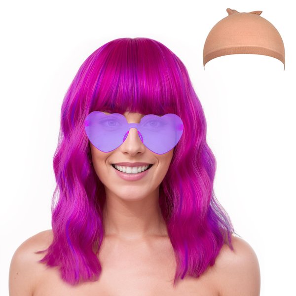 LIULIUBTY Chic Short Bob Wavy Wig for Women - Shoulder Length Loose Curly Synthetic Wig with Bangs - Uniquely Vivid Colored Cosplay Wig, Suitable for Costume Partie (Rose Purple)
