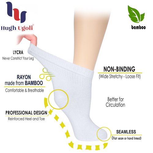 Hugh Ugoli Women's Bamboo Ankle Loose Fit Diabetic Socks, Soft, Seamless Toe, Wide Stretchy, Non-Binding Top, 3 Pairs, Black, Shoe Size: 6-9