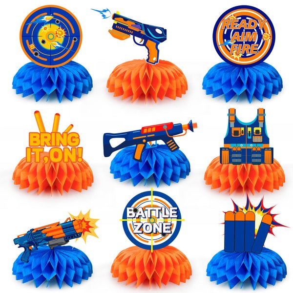 Dart War Gun Party Honeycomb Centerpieces, 9pcs Dart War Centerpiece for Table, Dart War Birthday Honeycomb Centerpieces, Dart Battle Honeycomb Centerpieces for Dart War Birthday Party Decorations