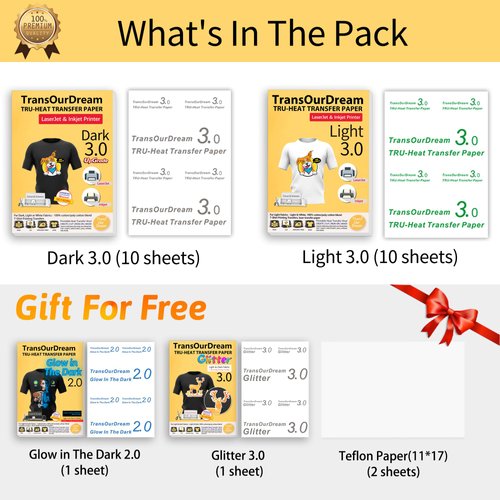 TransOurDream Iron on Heat Transfer Paper for Dark and Light T Shirts (Mix Pack, 22 Sheets, 8.5x11") Printable HTV Heat Transfers Vinyl for Laserjet & Inkjet Printers (D3L3)