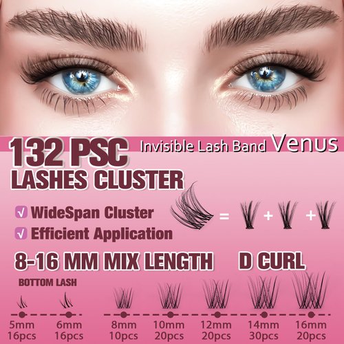Venus Lash Clusters Kit 5-16mm False Eyelashes Clusters-Eyelash Clusters Natural Lashes DIY Lash Extensions Kit -Fake Eyelashes Clusters Wispy Lash Clusters with Invisible Lash Band & Bottom Lashes