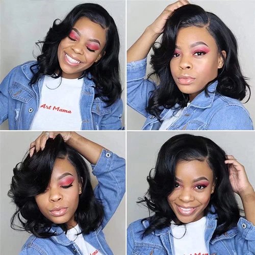 QUINLUX WIGS Body Wave Short Bob Human Hair Wig 13x6 HD Transparent Lace Front Human Hair Wig Brazilian Hair Natural Color 150% Density Short wigs Ocean Wave Pre Plucked with Baby Hair For Women14"10"