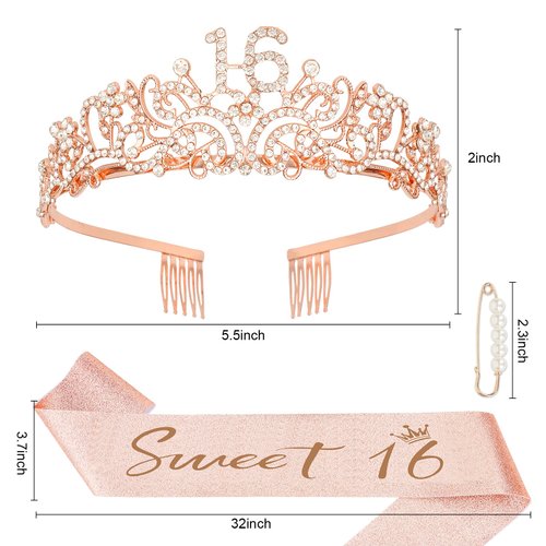 Semato Sweet 16 Party Decorations Set - Rose Gold 16th Birthday Crown and Sweet 16 Sash Glitter Kit for Girls Birthday Happy Birthday Girl Tiara Birthday Party Supplies and Favors