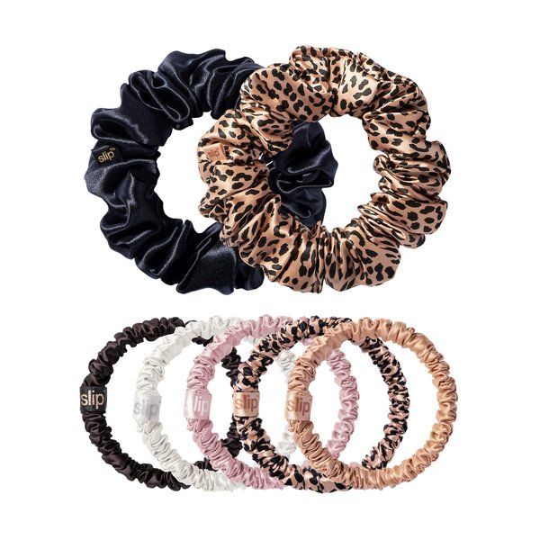 Slip Silk Mega Scrunchies, Pixie Super Set - The Slipsilk Difference Highest Grade Pure 22 Momme Mulberry Silk Hair Ties - 2 Mega Scrunchies + 5 Thin Hair Scrunchies for Sleeping, Gift Set for Women