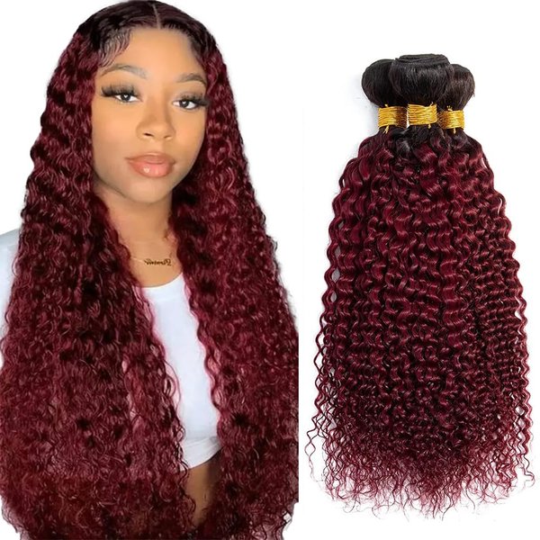 26 28 30 inch 1b99j Kinky Curly Bundles Human Hair Burgundy Bundles Two Tone Black To Burgundy Curly Wave Bundles Double Weft Burgundy Human Hair Bundles Brazilian Virgin Remy Hair Extension