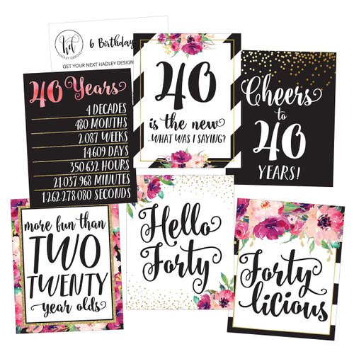6 40th Birthday Wine Bottle Labels or Stickers Present, 1981 Bday Milestone Gifts For Her Women, Cheers to 40 Years, Funny Fortylicious Pink Black Gold Party Decorations For Friend, Wife, Girl, Mom