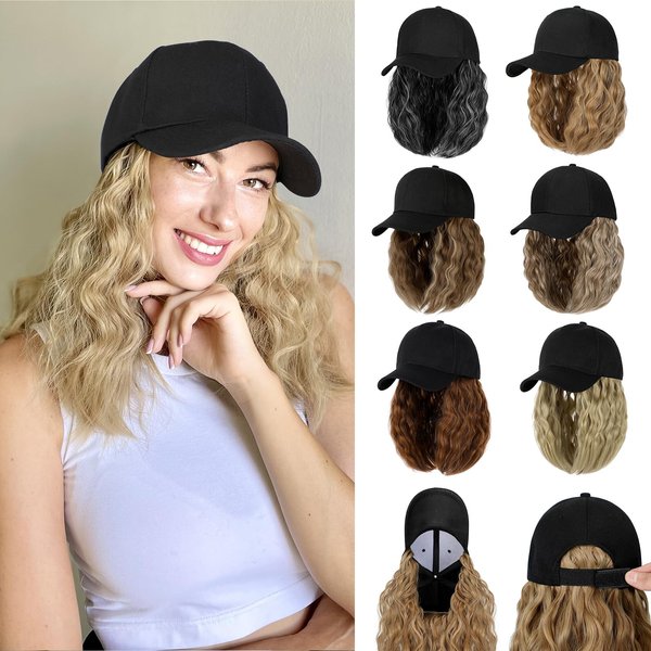 Cephermer Baseball Hat Wig,Hat with Hair attached 16'' Adjustable Black Cap with Wavy Curly Synthetic Bob Hair Extensions for Women Girls(Ash Blonde)