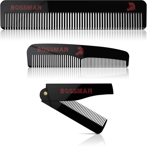 Bossman Acetate Beard, Hair & Mustache Combs for Men - Men's Beard, Mustach and Hair Combs with Small Folding Pocket Comb (Set of 3)