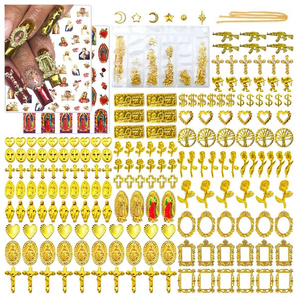 Gehaiwo 186PCS Gold Nail Charms for Acrylic Nails,Alloy Cross Rose Flower Heart Angel Frame Gun Nail Decoration,Nail Art Rhinestone Nail Jewels Accessories for Nail Art Supplies DIY Nail