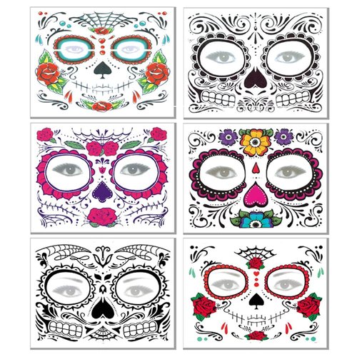 6 Pack Floral Day of the Dead Sugar Skull Face Temporary Tattoos Halloween Makeup Tattoos Decor Stickers for Halloween Masquerade Party