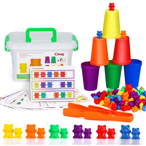 Bmag Counting Bears with Matching Sorting Cups,Number Color Recognition STEM Educational Toy for Toddler, Pre-School Learning Toy with 90 Bears,2 Tweezers,11 Activity Cards,1 Storage Box
