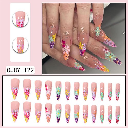 Long Press on Nails Almond Fake Nails Colour Flower Glue on Nails Design Summer False Nails Set Full Cover Artificial Nails Acrylic Manicure for Women and Girls Glossy Manicure Decoration 24pcs