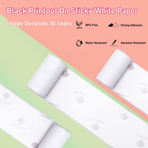 T02 Thermal Mini Sticker Printer Paper, White Self-Adhesive Paper, Black On White Paper for Journal, Photo, To Do List, 50mm x 3.5m, 3 Rolls, Keep for 10 Years (Only Compatible With T02 Printers)