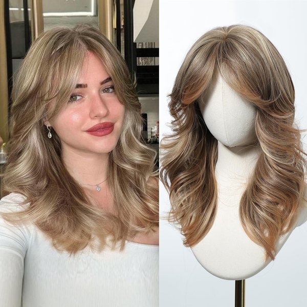 testar Blonde Wigs With Bangs, Shoulder Length Blonde Brown Wigs for White Women, Natural Heat Resistant Fiber Wigs for Girls Party Cosplay Use 20IN