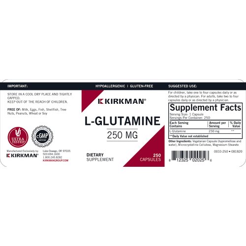 L-Glutamine 250 mg - Hypoallergenic | 250 Vegetarian Capsules | Amino Acid | Gluten and Casein Free