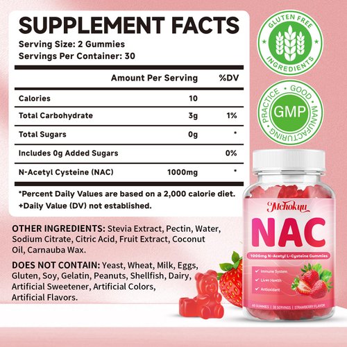 Mchokuu NAC Gummies for Adults & Kids 1000mg, NAC Supplement N-Acetyl Cysteine, Immune Support Liver & Lung Health Antioxidant Sugar-Free, Strawberry Flavor Gummy, 60 Counts