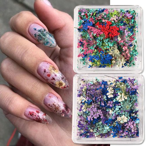 WOKOTO 4 Boxes Vibrant Colors Tiny Dried Flowers Nail Art Stickers 3D Spring Floral Nail Decals Colorful Dry Flowers Nail Stickers Mini Real Nail Flower Set for Women Girls Nail Decorations DIY Craft