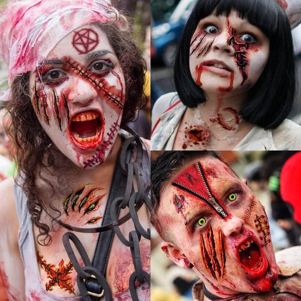 JOEHAPY 435+ PCS 50 Sheets Halloween Fake Scar Tattoos Sticker, 3D Chucky Stitches Tattoo For Women Men Adult Kids Boys Girls, Fake Blood Wound Cut Zombie Tattoos Halloween Face Makeup Kit Set Decals