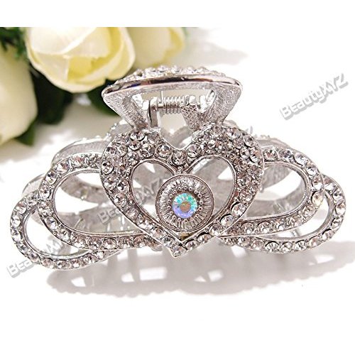 Silver Heart Rhinestones high Quality Metal Hair Claws Clips Pins #222