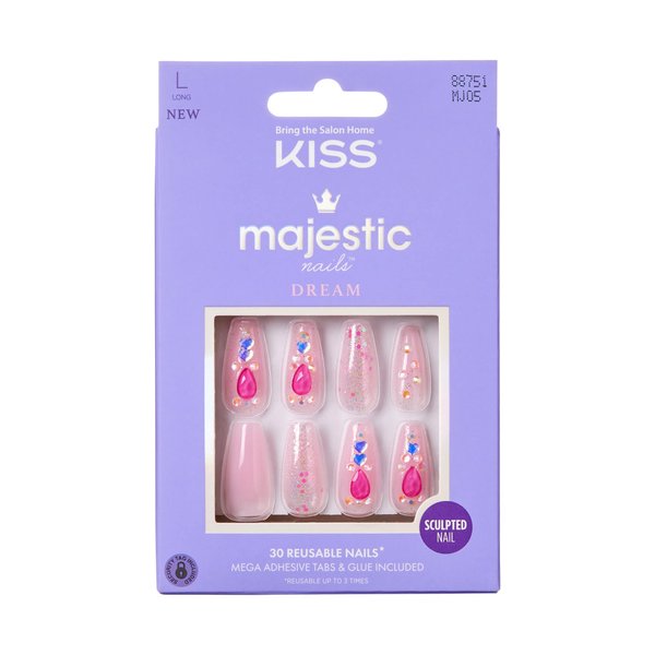 KISS Majestic Press On Nails, Nail glue included, Lovely Bubbly', Pink, Long Size, Coffin Shape, Includes 30 Nails, 2g glue, 2 Prep Pads, 2 of 24 Adhesive tabs, 2 manicure sticks, Mini file