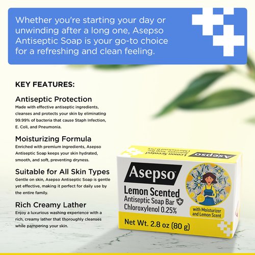 Asepso Antibacterial Lemon Scent Bar Soap – 4 Pack 80g/2.8 oz Each, Moisturizing Formula with Lemon Scent for Healthy Skin, Fight Skin and Heat Rash