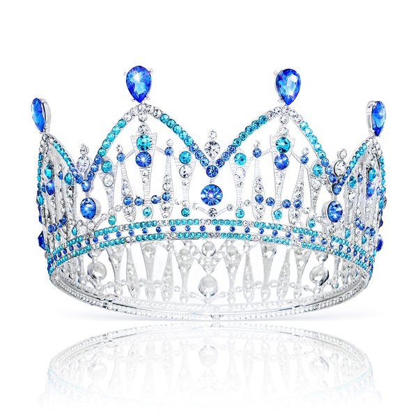 CIEHER Queen Crown for Women Princess Tiara Quinceanera Pageant Crown, Round Crystal Crown Elegant Headpiece for Birthday Prom - Silver & Blue