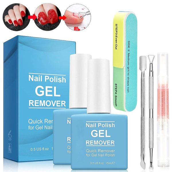 Gel Remover for Nails, 2 Pack Nail Polish Remover with Cuticle Oil Pen And Nail Buffer & Cuticle Pusher Manicure Tools, 3-5 Minutes Professional Quick Remove Polish, No Soaking or Wrapping