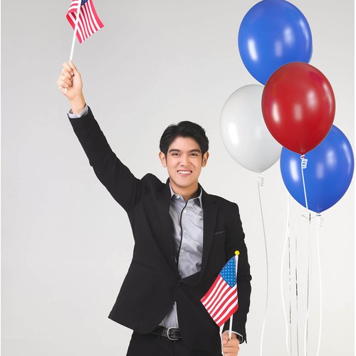 Prextex 75 Party Balloons 12 Inch USA Blue, Red and White Balloons with Ribbon for Red Blue White USA Color Theme Party Decoration, Boy Baby Shower, Birthday Parties Supplies, Helium Quality