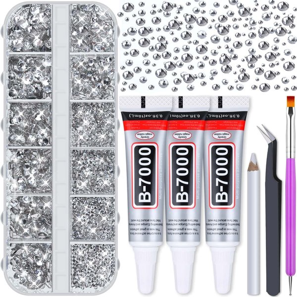B7000 Jewelry Adhesive Glue with Rhinestones for Crafts, Audab 2100Pcs Flat Back Gems Crystal Rhinestones with Tweezer Dotting Tools Clear Glue for DIY Clothes Fabric Shoes Jewelry Making Nail Art