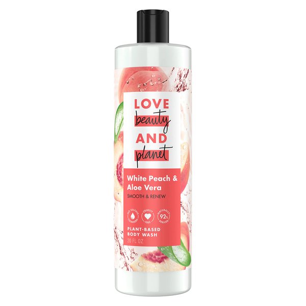 Love Beauty and Planet Plant-Based Body Wash Smooth & Renew White Peach & Aloe Vera No Sulfate Cleansers, Cruelty Free, 92% Naturally Derived 20 oz