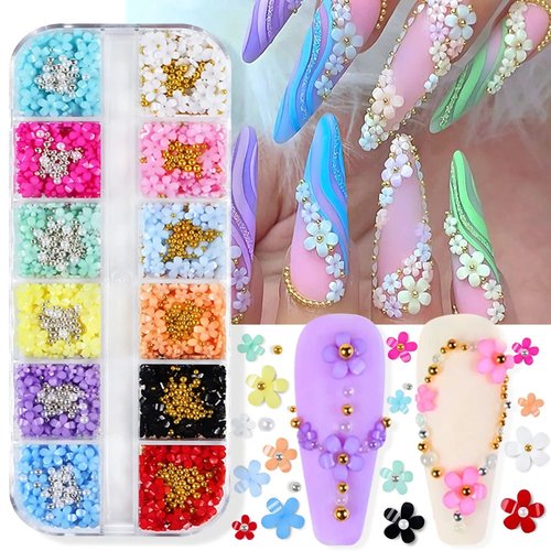 12 Colors Flower Nail Charms for Acrylic Nails, 3D Acrylic Flower Nail Art Rhinestones White Pink Cheery Blossom Nail Supplies with Pearls 3D Flowers for Nails Women Manicure DIY Nail Decorations